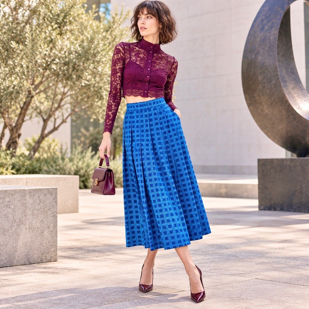NWT Vintage Liz Claiborne Collection 100% Silk Pleated Midi Skirt Cobalt Blue 6